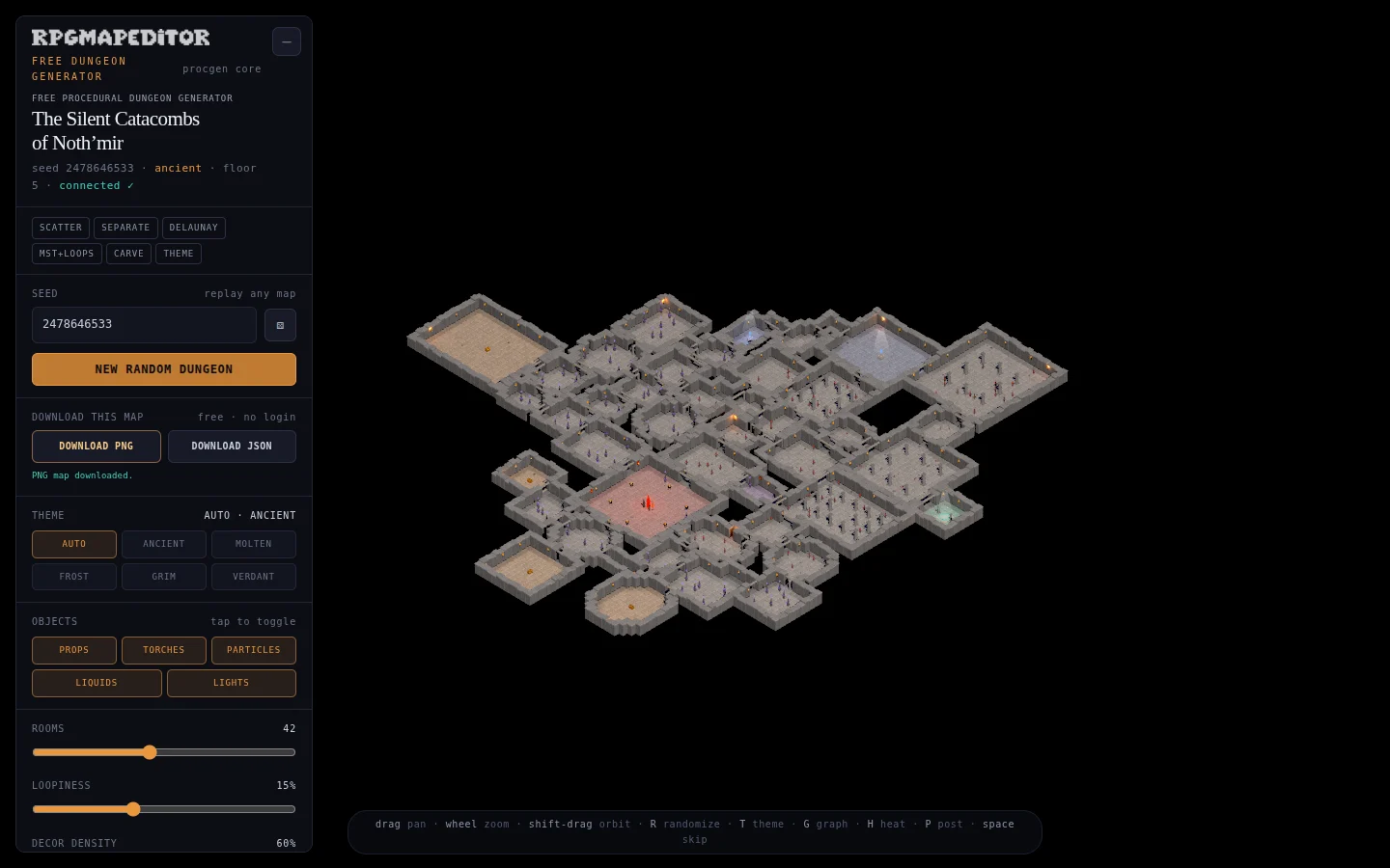The generated map with free PNG and JSON download controls visible in the live interface
