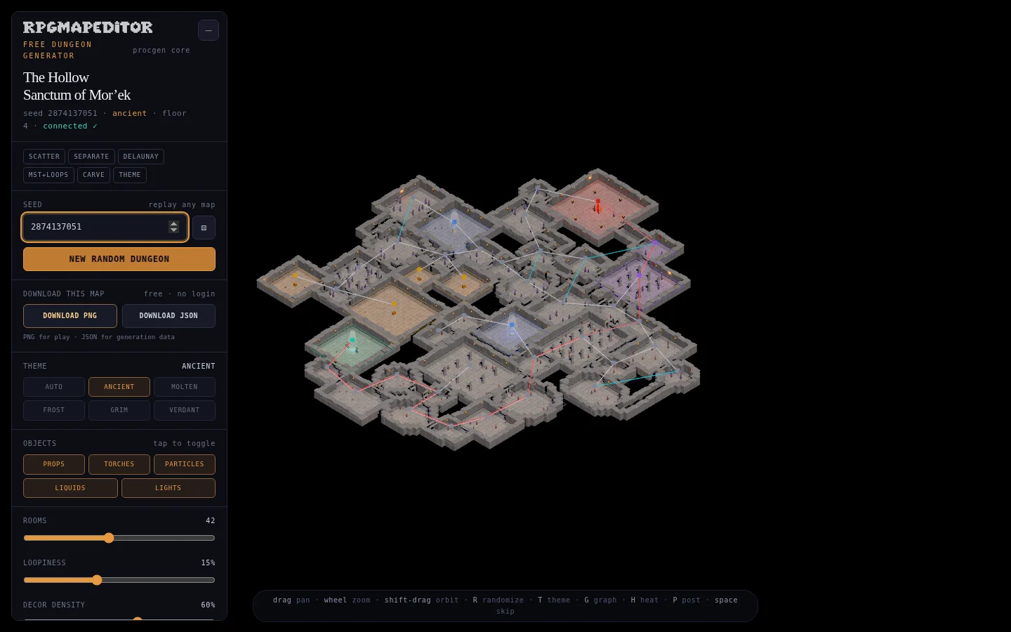 Graph overlay showing candidate Delaunay edges and the connected dungeon route network