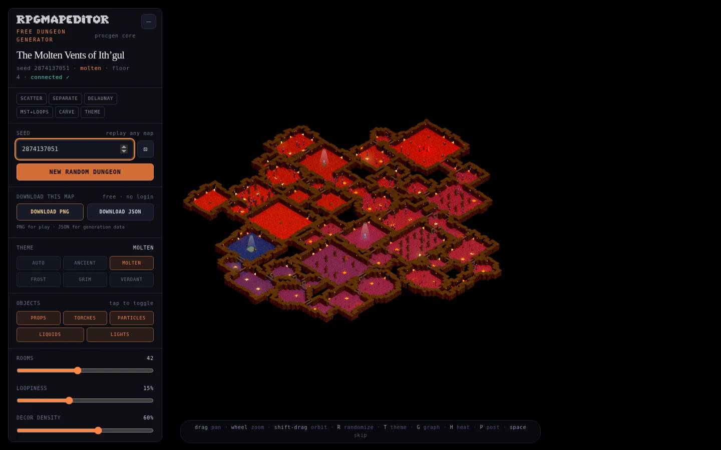 Difficulty heatmap showing progression from the dungeon entrance toward deeper rooms