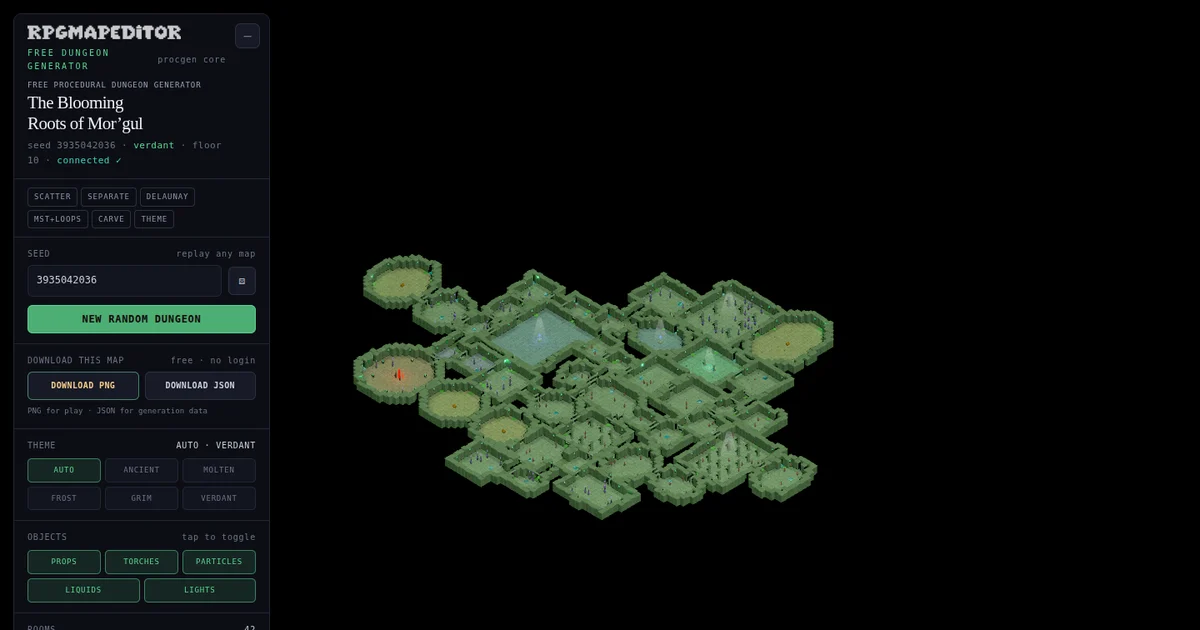 A real randomized dungeon generated in RPG Map Editor's free procedural dungeon generator