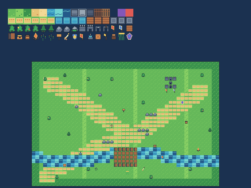 Bright pixel-art Tiny Swords-inspired tileset atlas and forest encounter map