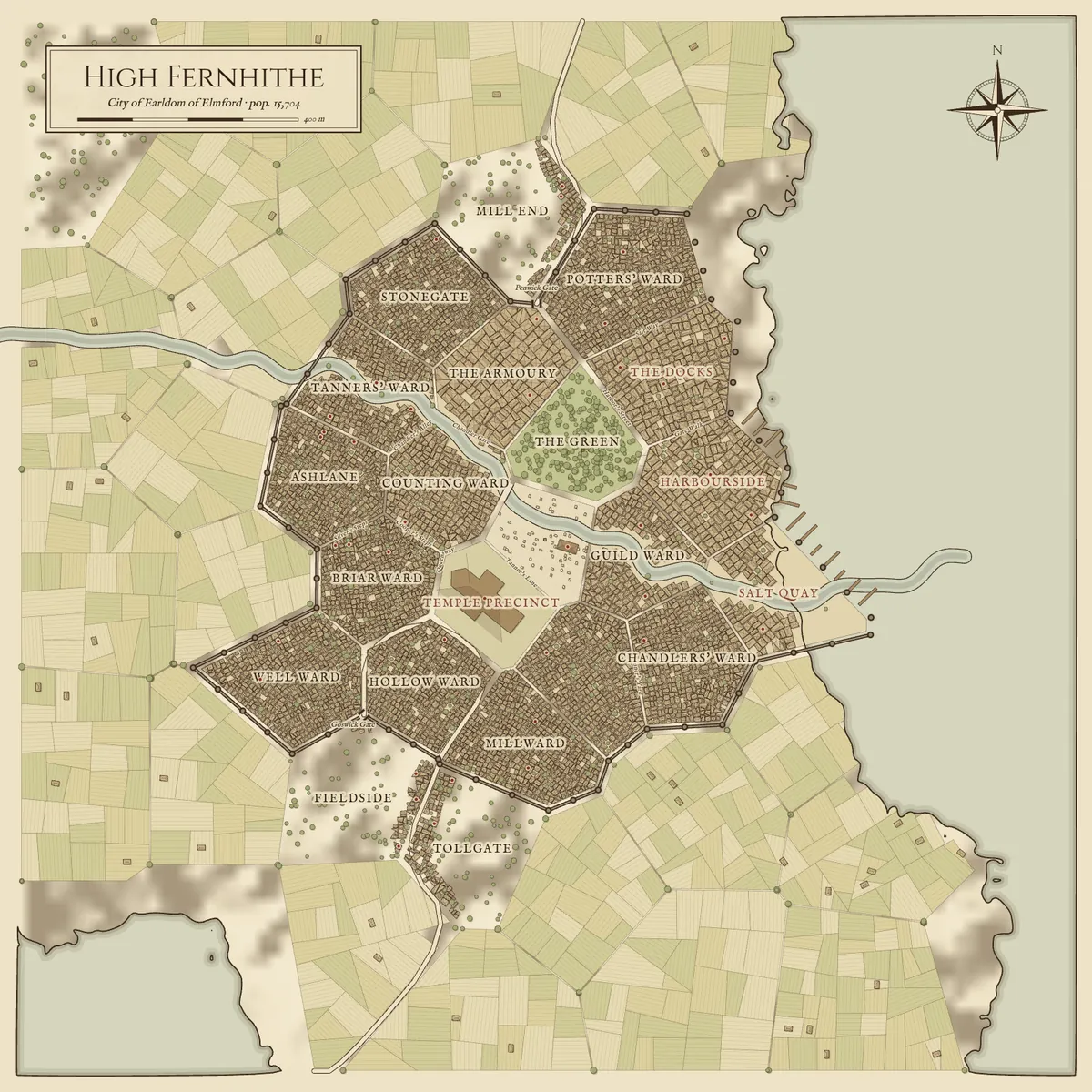 A generated fantasy city called High Fernhithe with walls, nineteen districts, a river and a harbour, in the parchment style
