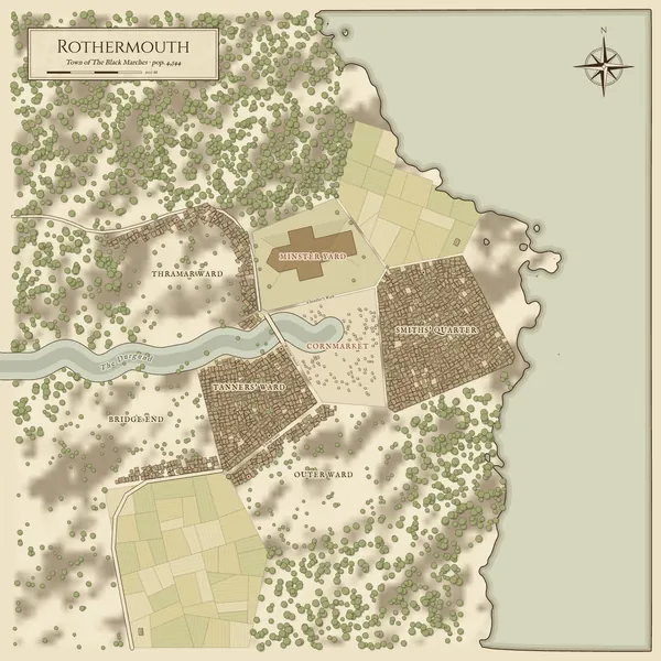 Generated fantasy city map of Rothermouth in the parchment style: Town in the Black Marches · 4 districts · 1,638 buildings · pop. 4,544