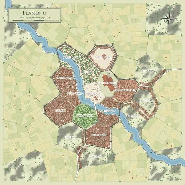 Generated fantasy city map of Llandhu in the atlas style: City in the Kingdom of Cornant · 12 districts · 3,243 buildings · pop. 12,791