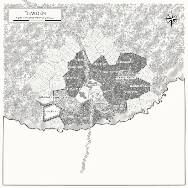 Generated fantasy city map of Dewden in the ink style: Capital in the Principality of Elmwick · 29 districts · 8,961 buildings · pop. 35,346