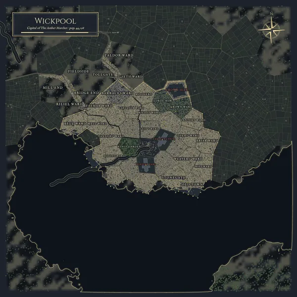 Generated fantasy city map of Wickpool in the dark style: Capital in the Amber Marches · 33 districts · 13,635 buildings · pop. 44,098