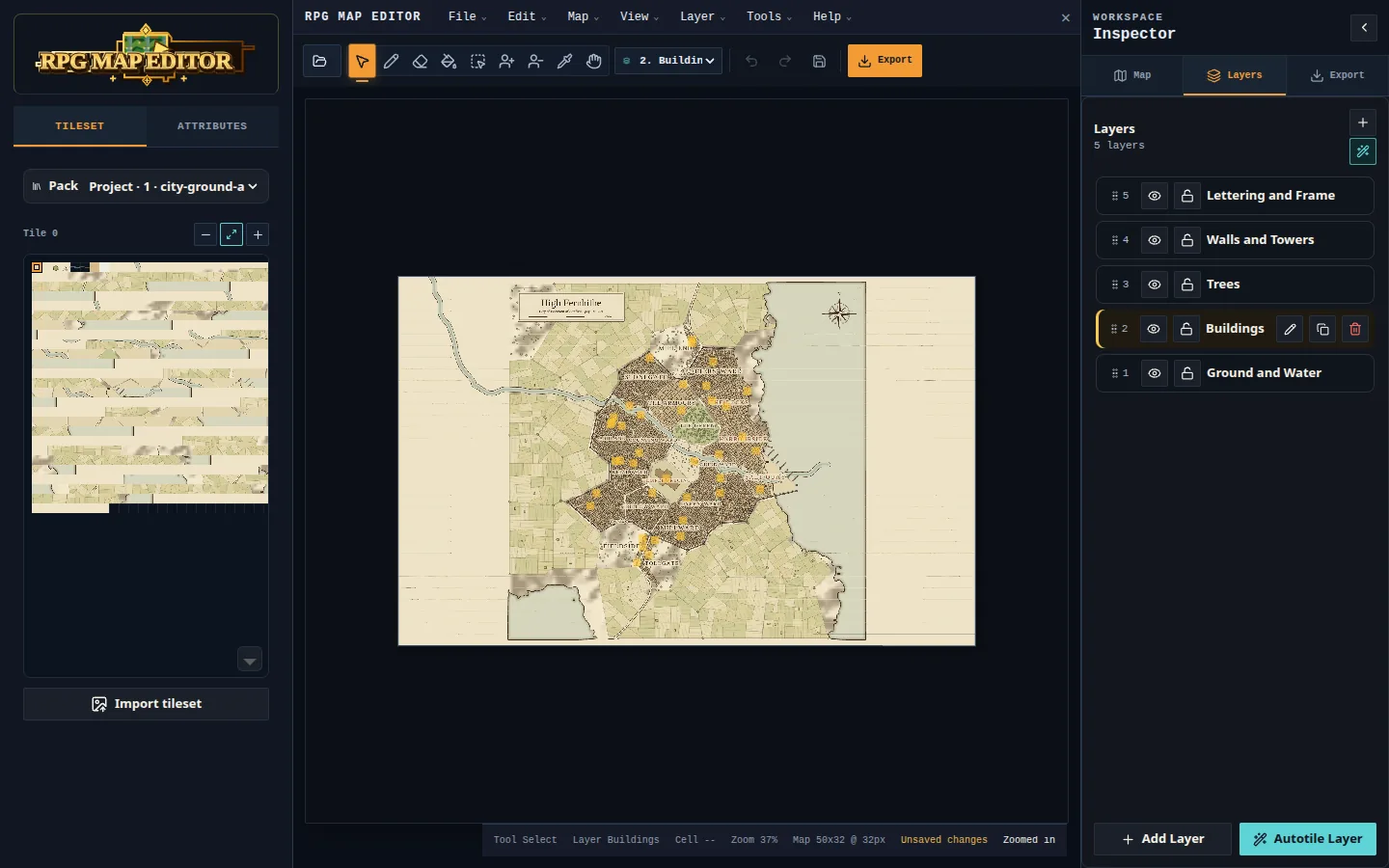 RPG Map Editor with a generated city open, the tileset panel on the left and five layers on the right: Lettering and Frame, Walls and Towers, Trees, Buildings, Ground and Water