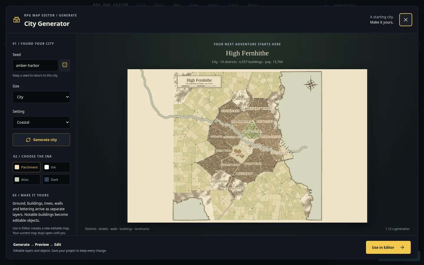 The City Generator inside RPG Map Editor, with seed, size, setting and ink controls beside a generated city preview