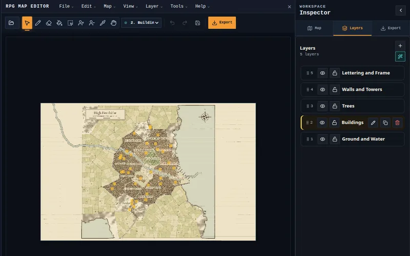 The generated city open in RPG Map Editor with separate ground, building, tree, wall and lettering layers