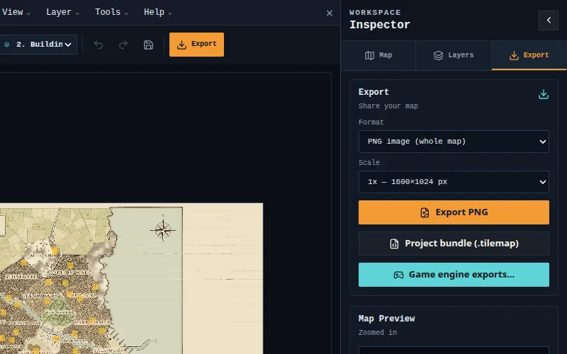 RPG Map Editor export panel with PNG image, project bundle and game engine export options