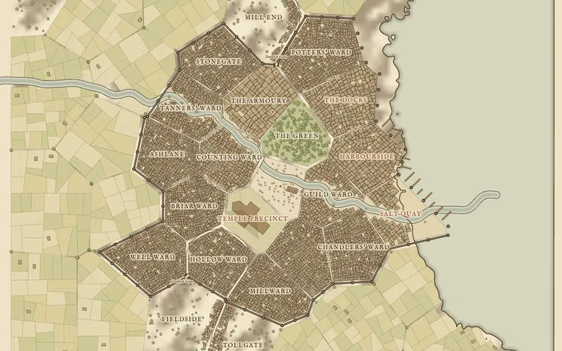 A generated fantasy city map with walls, districts, a river and a harbour