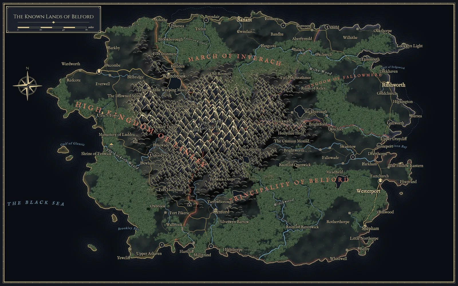 Generated fantasy region map, The Known Lands of Belford, in the dark style: 67 settlements · 22 landmarks · 30 rivers · 4 realms