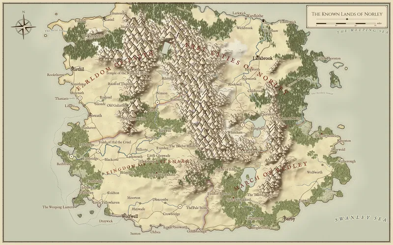 Generated fantasy region map, The Known Lands of Norley, in the parchment style: 69 settlements · 21 landmarks · 33 rivers · 4 realms