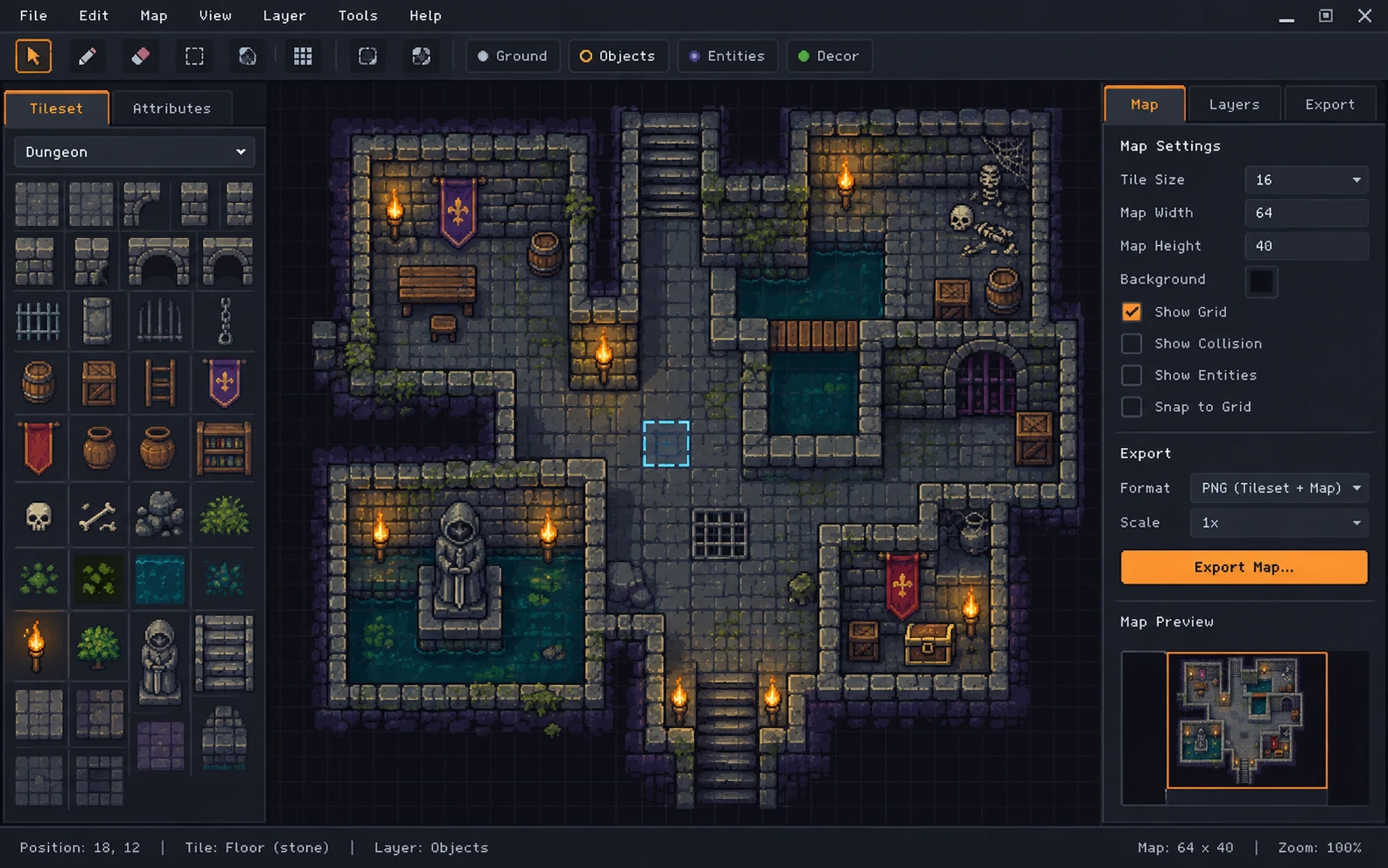 Generated pixel-art export controls beside a mapmaking workspace