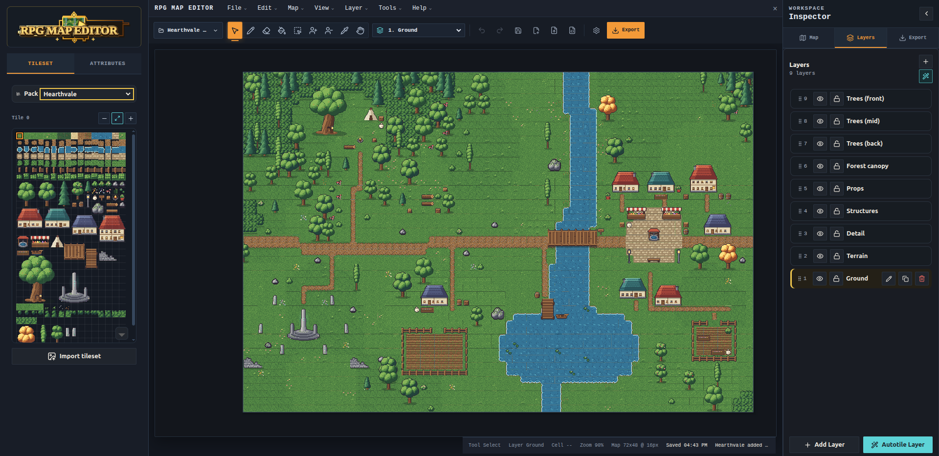 RPG Map Editor showing a completed Heartwhale forest village map with a tileset, nine editable layers, and autotile controls