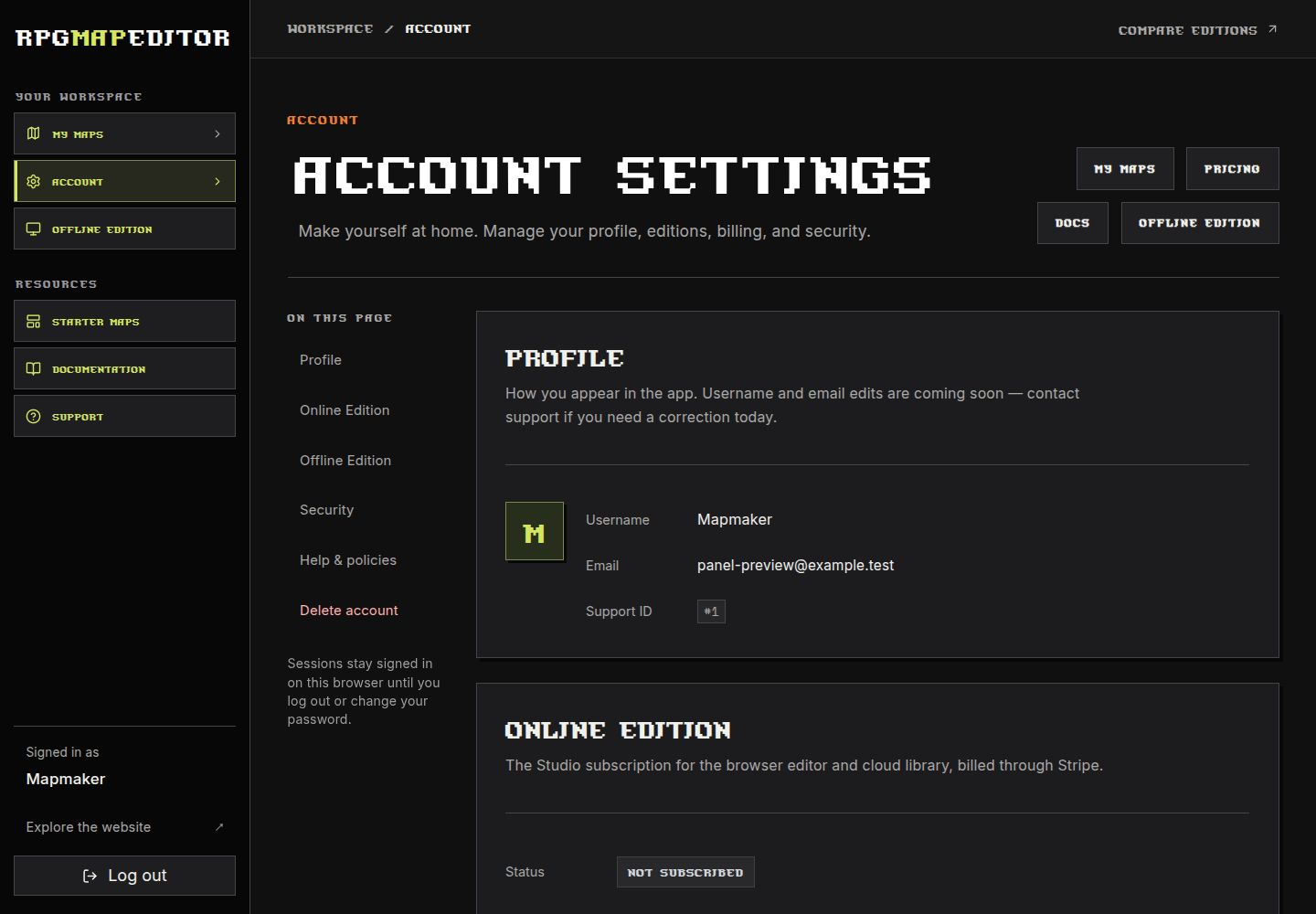 Redesigned RPG Map Editor account page with separate Online Edition and Offline Edition sections and site navigation