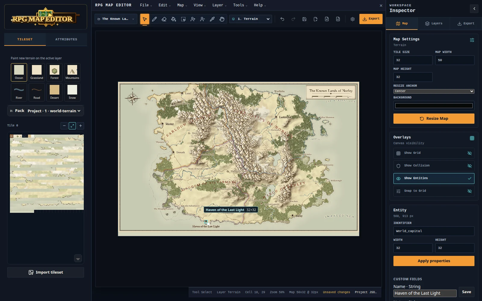 An accepted procedural world being edited in the normal Editor with a selected settlement and editable name properties