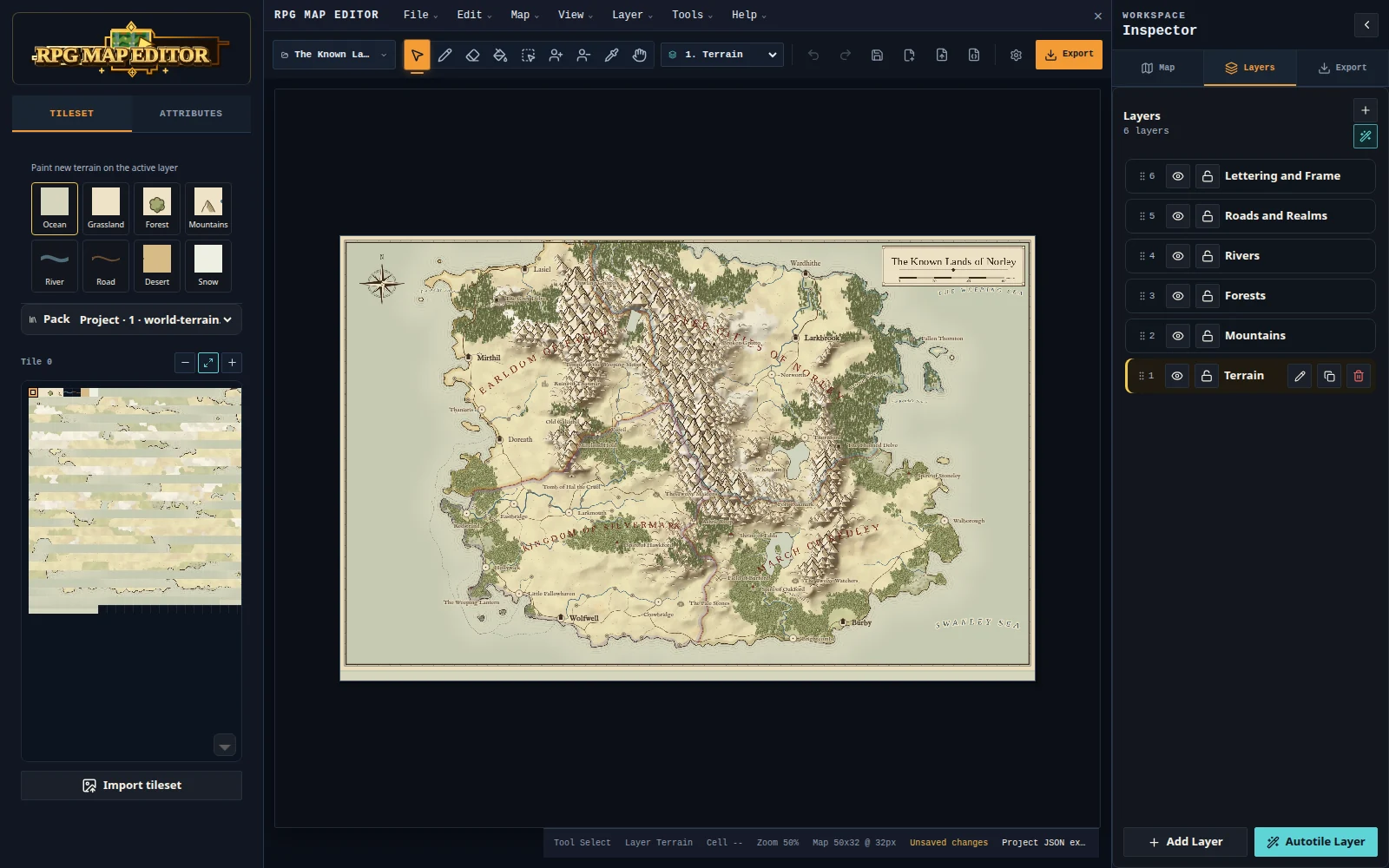The generated regional map open in RPG Map Editor with normal editing tools, terrain painting swatches and six separate layers