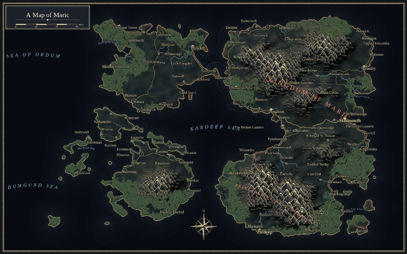 A different generated fantasy region using the isles-of-the-lantern seed, Archipelago landform and Dark cartographic style