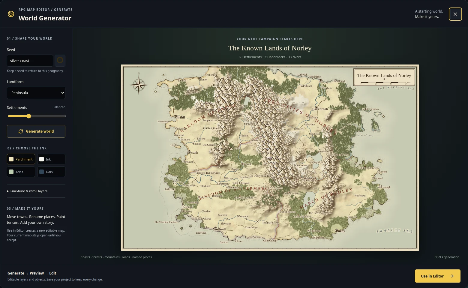 RPG Map Editor World Generator showing a seeded fantasy region with compact controls and a Use in Editor button