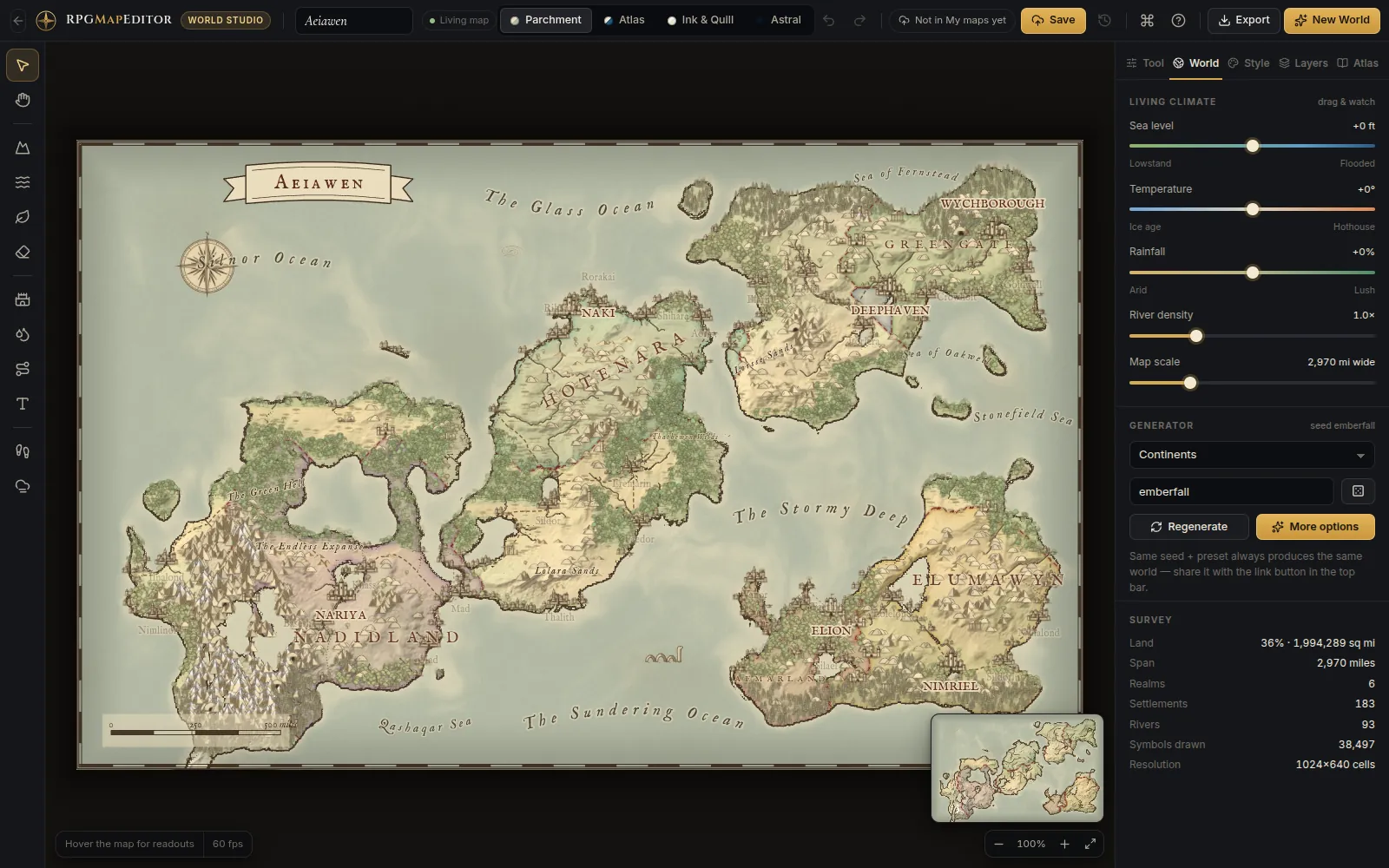 World Studio showing a generated fantasy continent, terrain tools and editable climate settings