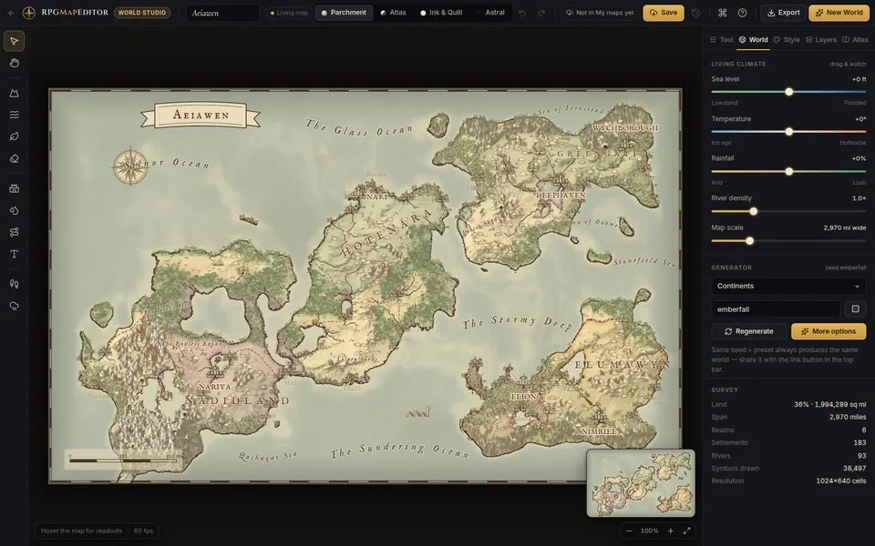 World Studio with a generated continent, the tool rail on the left and the world settings panel on the right