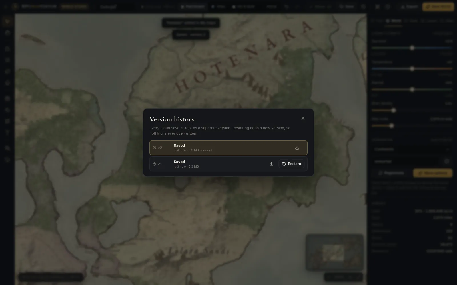 World Studio version history listing earlier cloud saves with download and restore actions