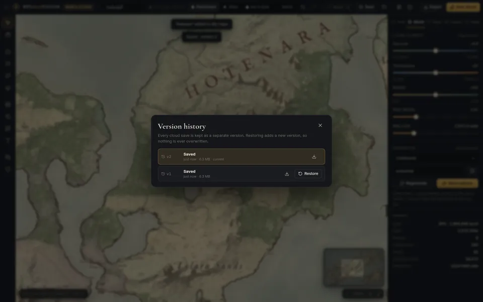 The World Studio version history dialog listing two saved versions with download and restore buttons