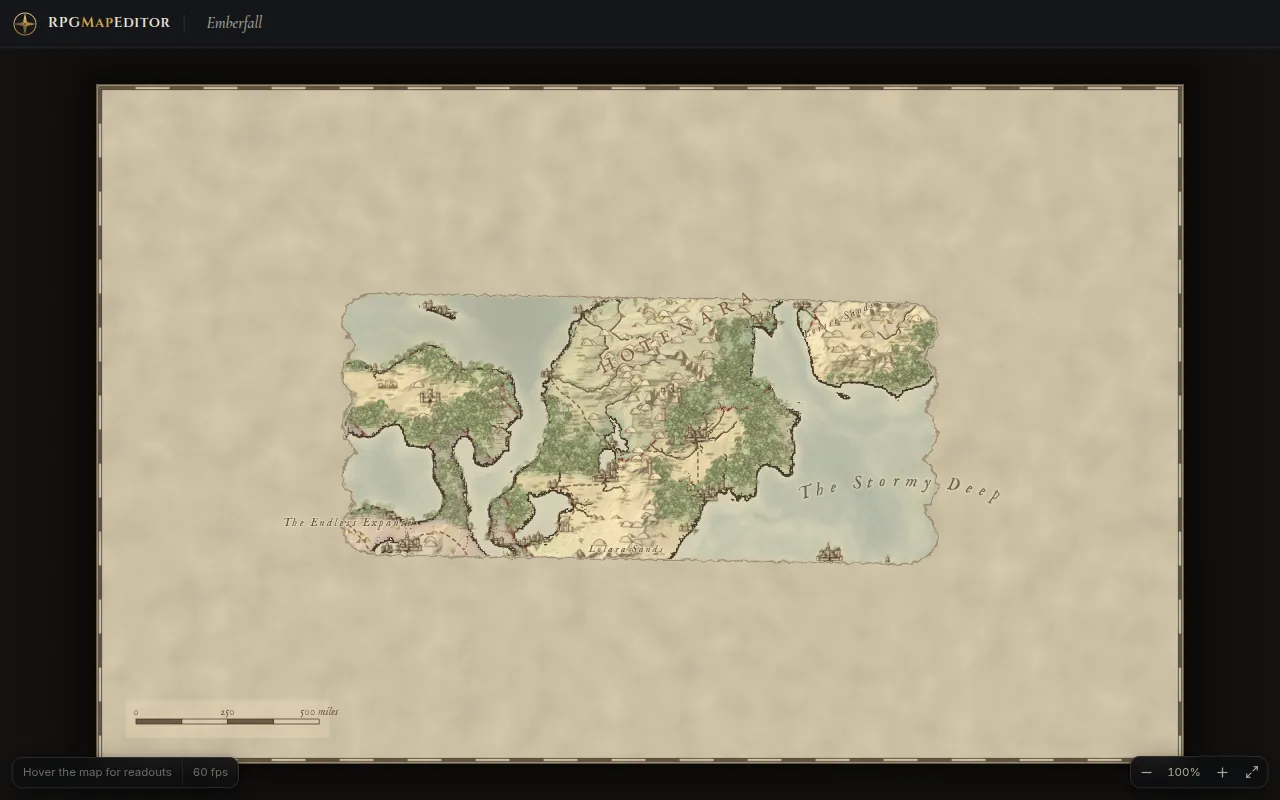 World Studio Player View showing revealed land surrounded by unrevealed fog of war