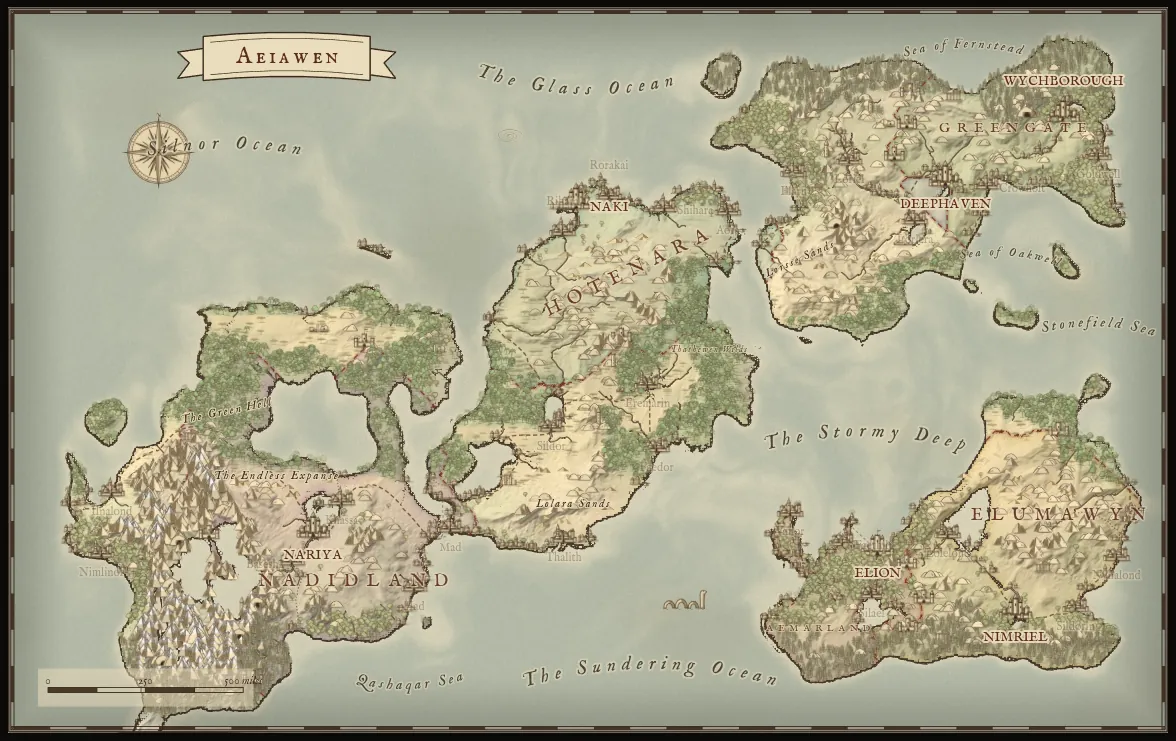 A generated continent in the Parchment style