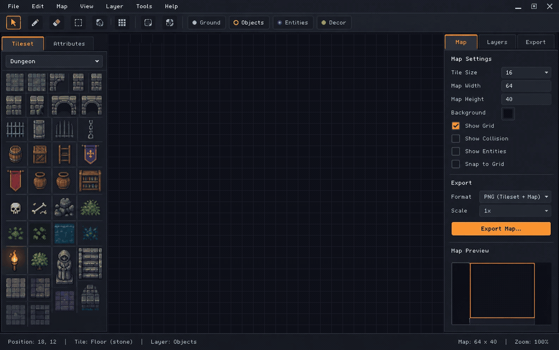 Animated RPG Map Editor autotile workspace with dungeon tiles and export controls